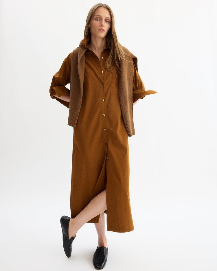 A woman with long, straight hair stands against a white background wearing the Arlo Mott Lafayette Side Button Maxi Dress in Cinnamon, with a matching sweater draped over her shoulders and black slip-on shoes. Her posture is relaxed.