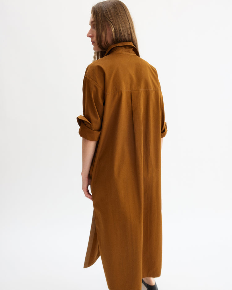 A woman with long, straight hair stands turned away against a white background, wearing Arlo Mott’s Lafayette Side Button Maxi Dress in Cinnamon with rolled-up sleeves and mother of pearl buttons.