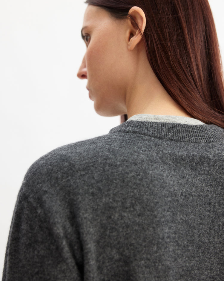 Seen from the back and side, a person with long, straight brown hair wears an Arlo Mott Warren Classic Crew Neck in Charcoal, featuring a ribbed collar. The background is plain and light-colored.
