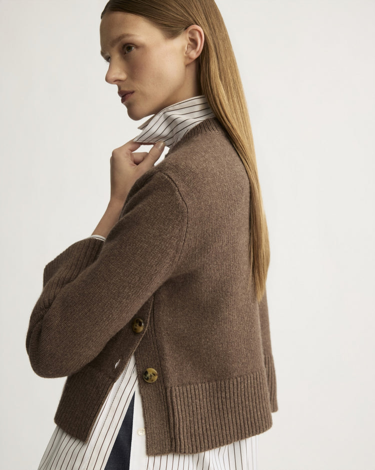 Bethune Chunky Crewneck with Side Buttons in Brownstone