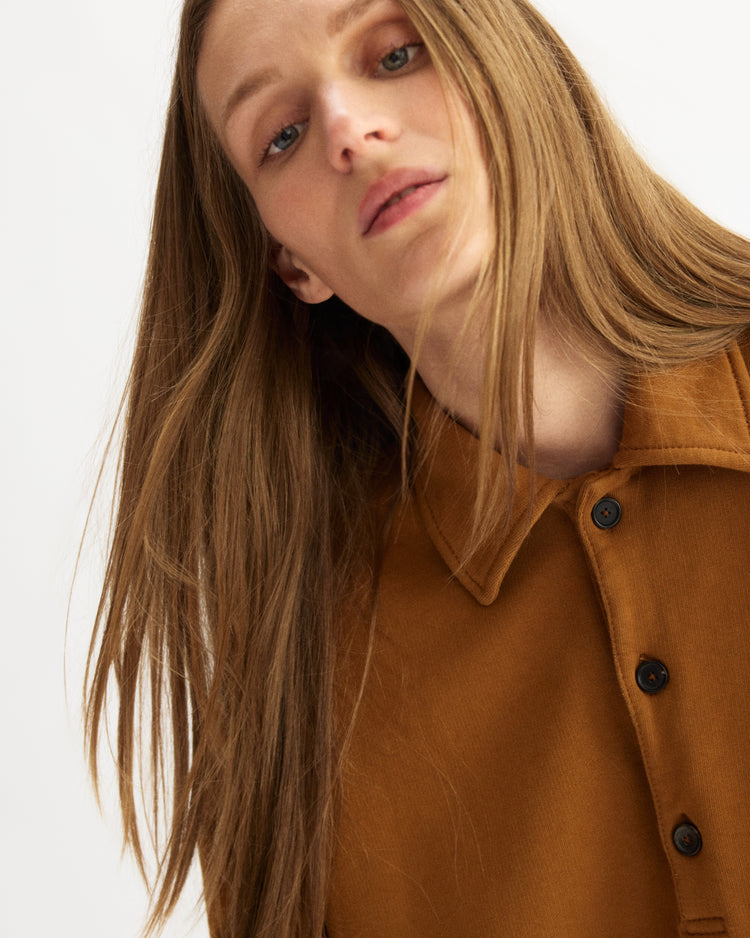 A woman with long, straight brown hair wears the Arlo Mott Elliott Polo Pullover in Cinnamon and looks slightly downward with a neutral expression against a plain white background.