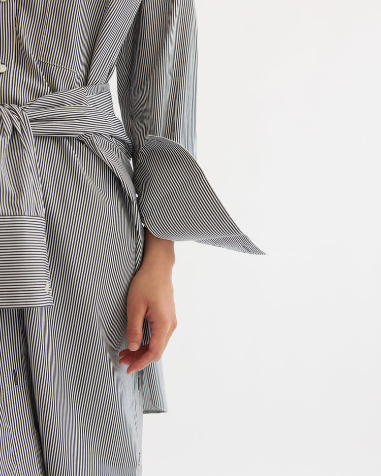 A person wearing the Arlo Mott Lafayette Side Button Maxi Dress in White Stripe, featuring long sleeves, a waist tie, side pockets, and relaxed against a plain white background.
