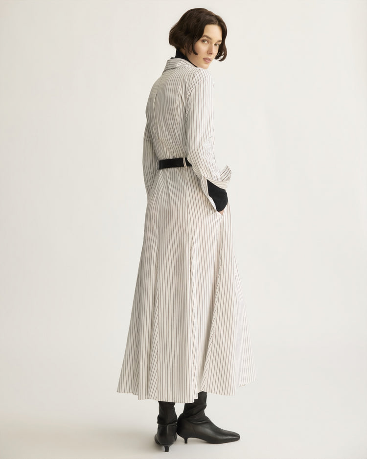 Bennett Striped Midi Dress with Godets in Chocolate Stripe