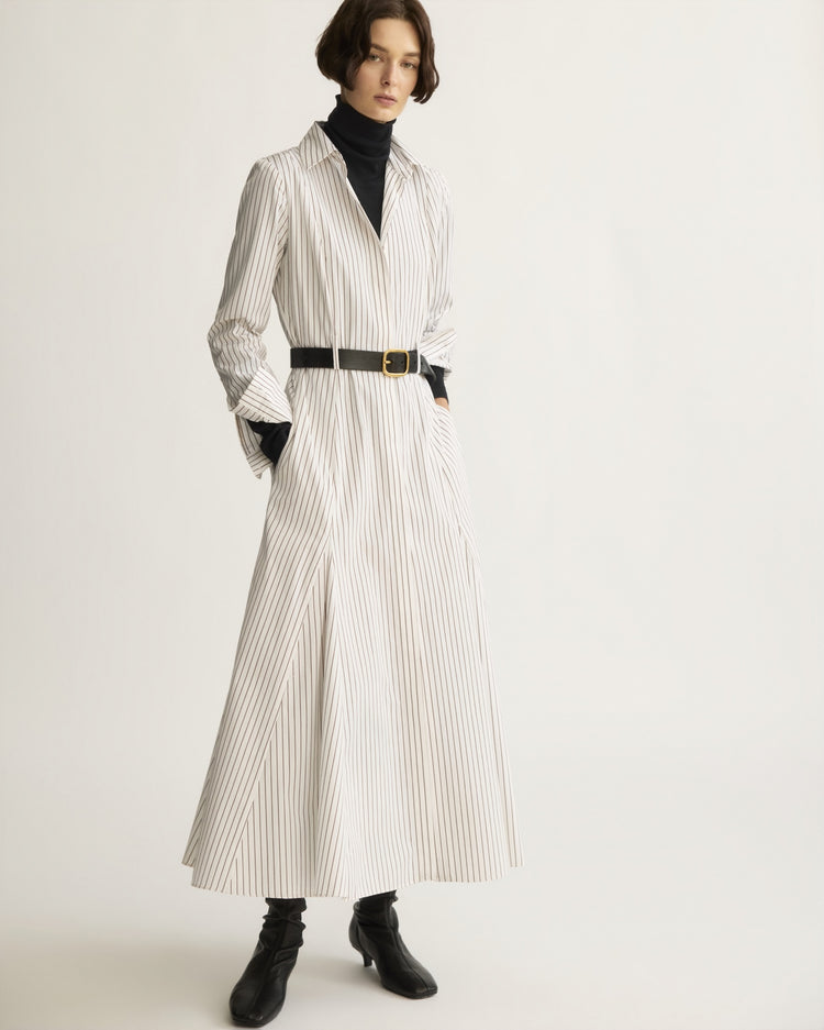Bennett Striped Midi Dress with Godets in Chocolate Stripe