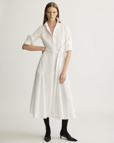 Bennett Striped Midi Dress with Godets in Corded White