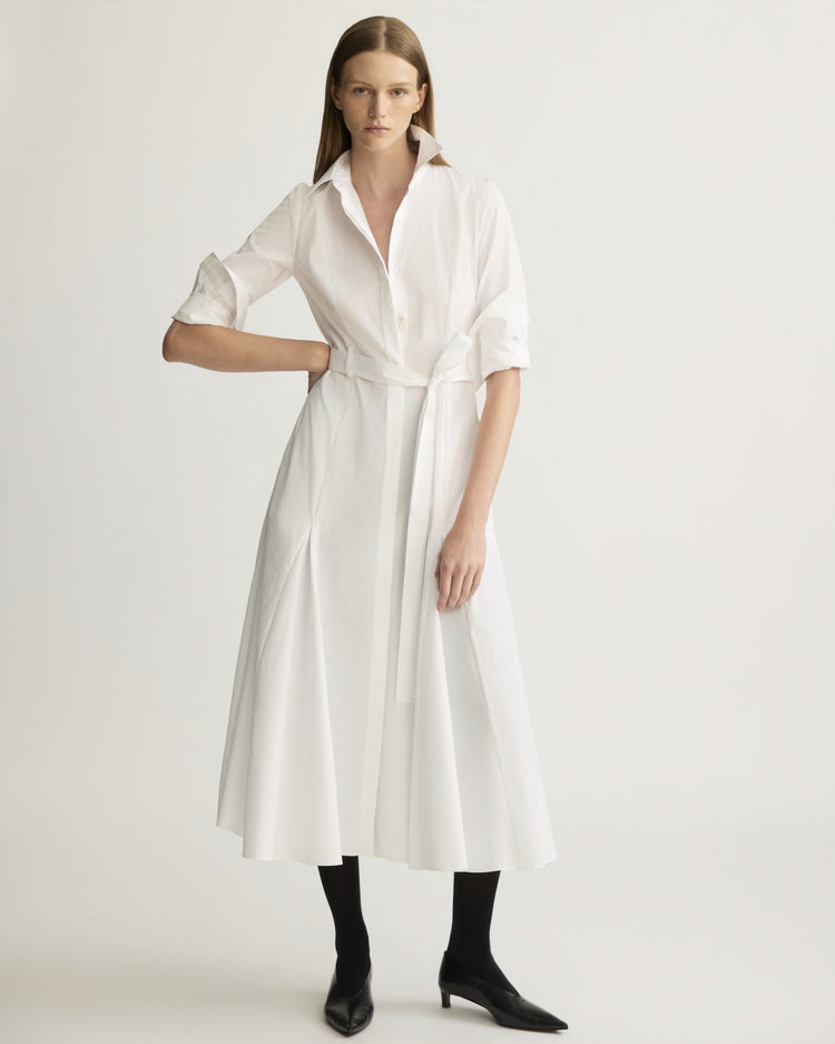 Bennett Striped Midi Dress with Godets in Corded White