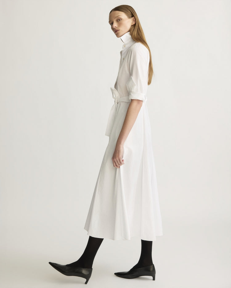 Bennett Striped Midi Dress with Godets in Corded White