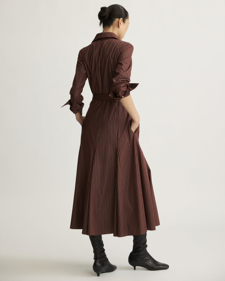 Bennett Striped Midi Dress with Godets in Oxblood Stripe