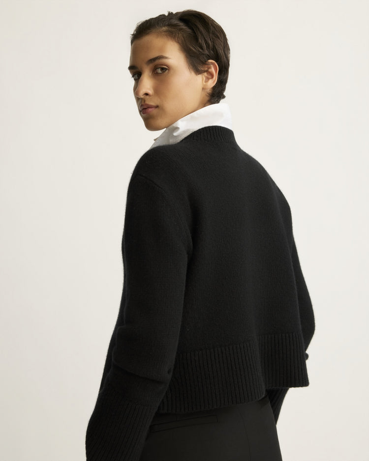 Bethune Chunky Crewneck with Side Buttons in Black