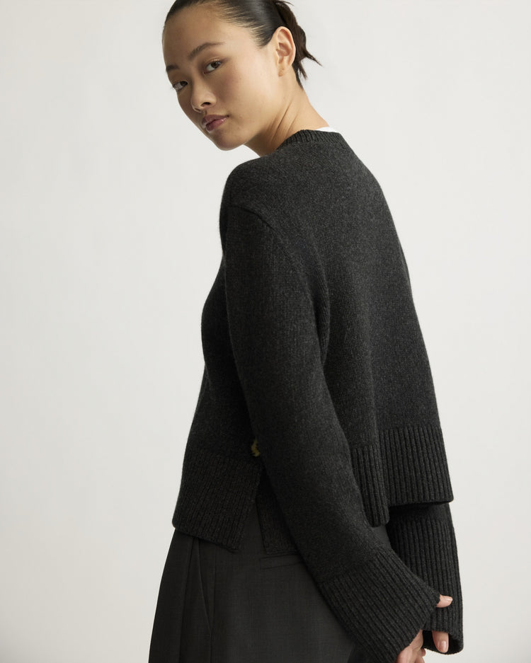 Bethune Chunky Crewneck with Side Buttons in Charcoal