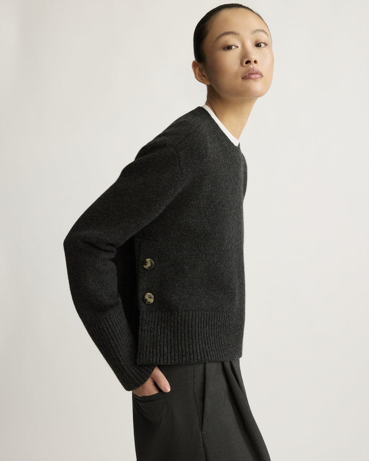 Bethune Chunky Crewneck with Side Buttons in Charcoal