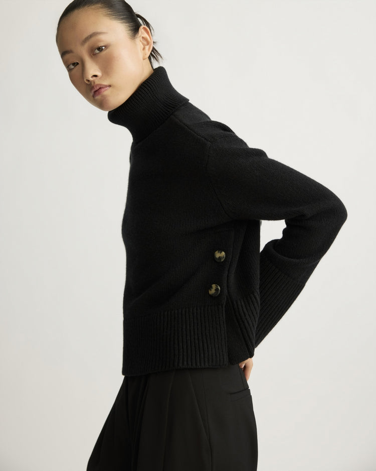 Worth Chunky Turtleneck with Side Buttons in Black