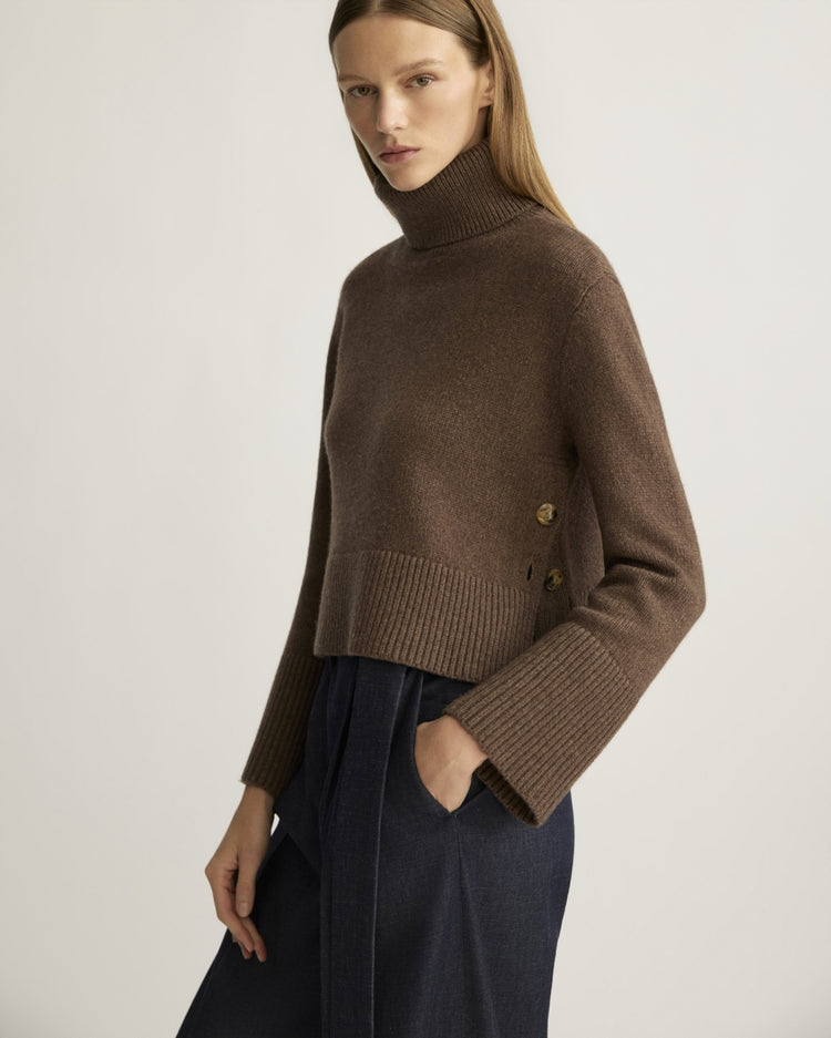 Worth Chunky Turtleneck with Side Buttons in Brownstone