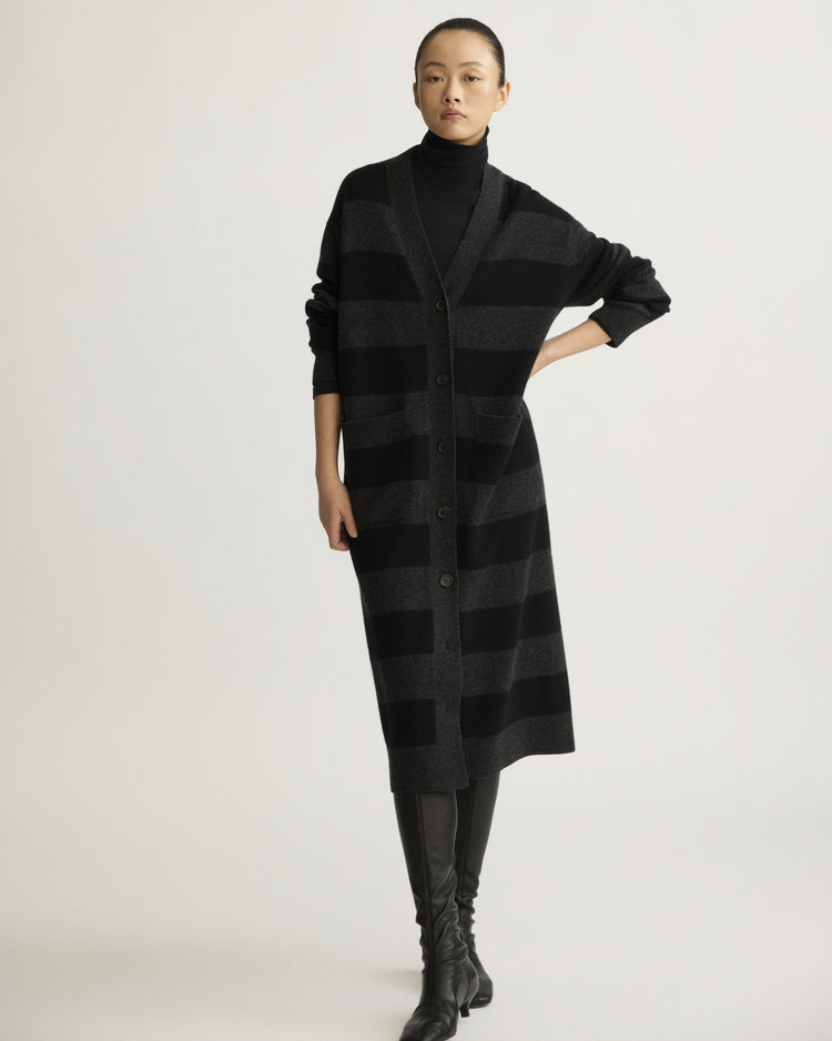 Lorimer Long Cardigan in Charcoal Stripe