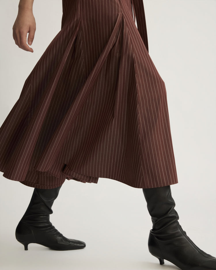 Bennett Striped Midi Dress with Godets in Oxblood Stripe